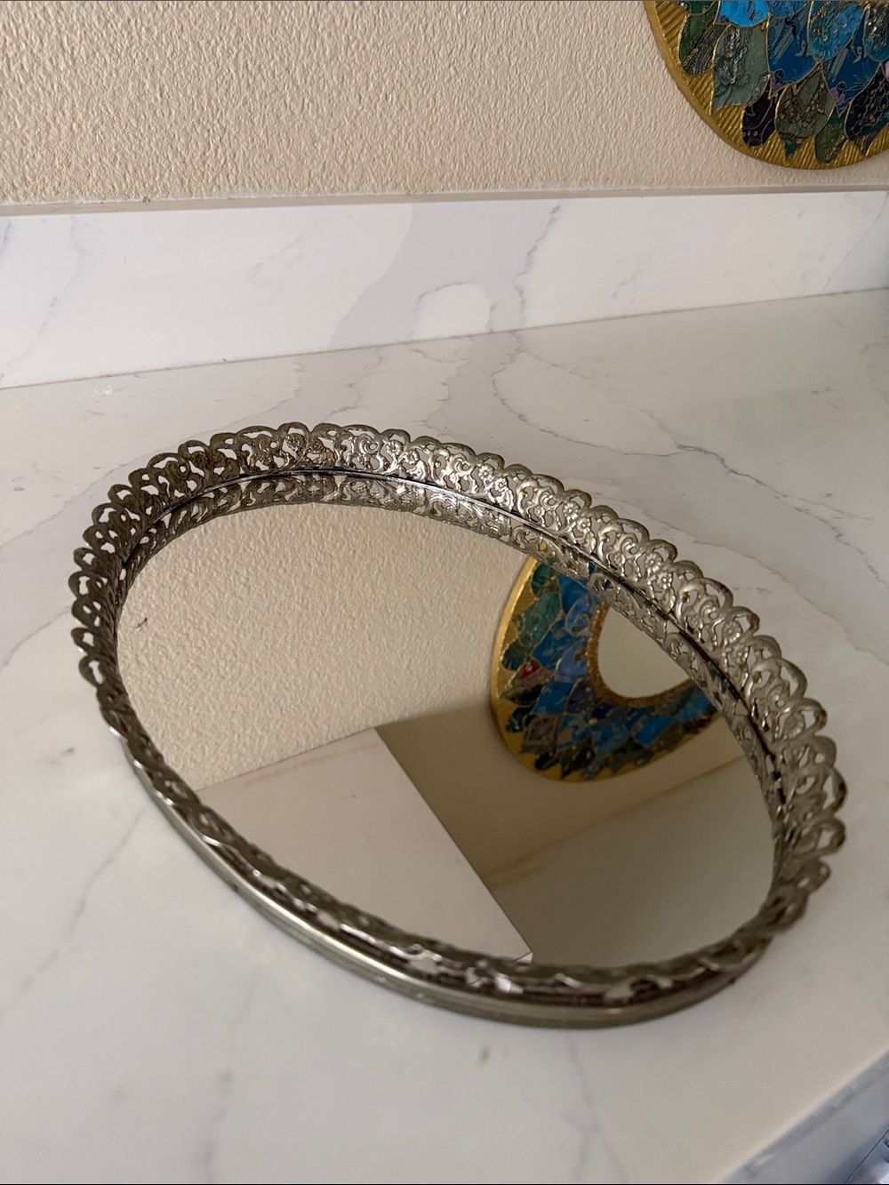 Vintage Vanity Tray Oval Mirror Metal Filigree